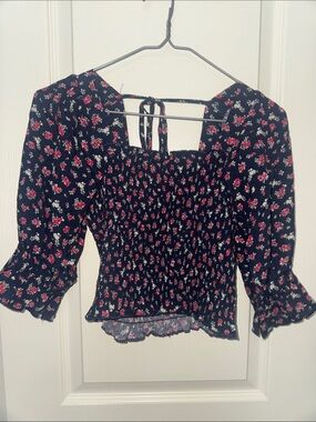 Smocked Square-Neck Floral Blouse - Black with Pink Floral